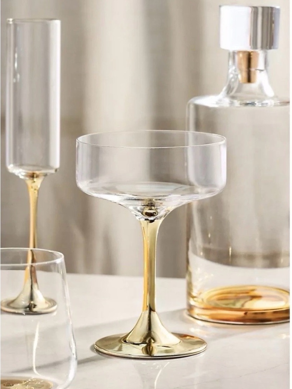 New Anthropologie Pair The Morgan Collection Gold Stem Crystal Coupe Glasses